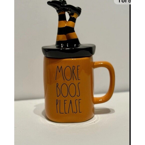 Rae Dunn Halloween MORE BOOS PLEASE Orange Black Mug Witch Legs Topper - Picture 1 of 2